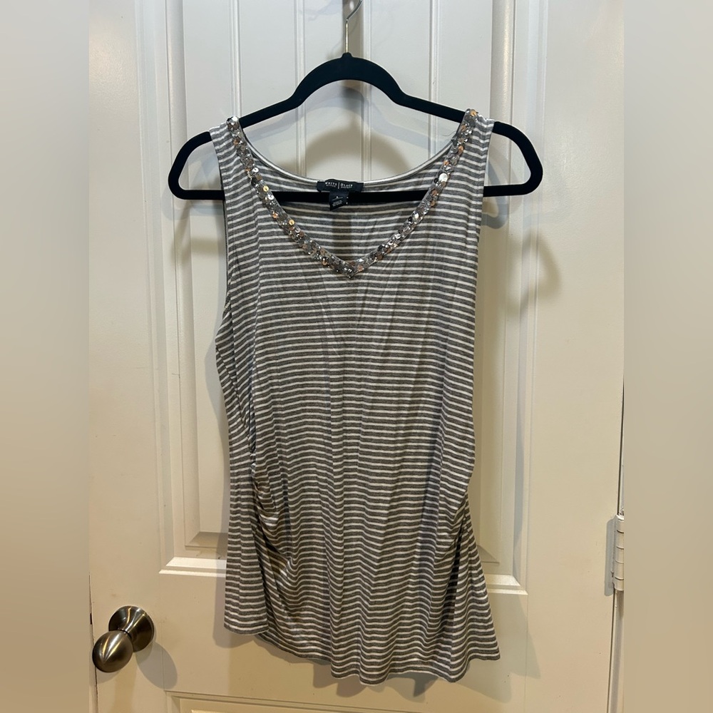 White House Black Market Striped Embellished V-Neck Tank Top - Gray & White
